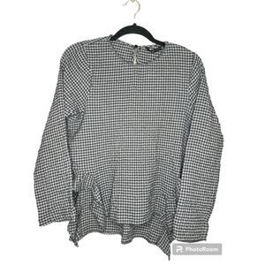 Zara Gingham Long Sleeve Grey Black Gingham Print Ruffle Hi Lo Blouse Size XS